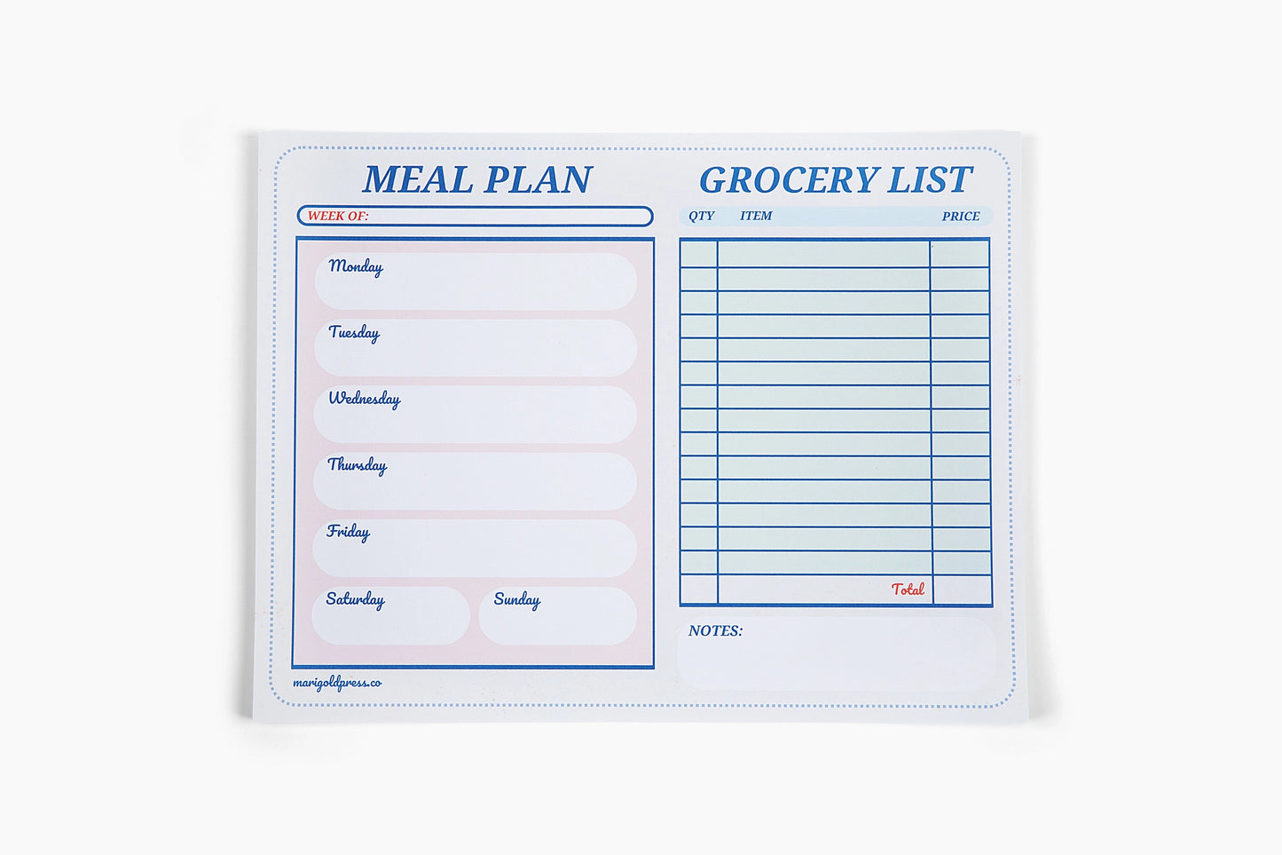 Retro Diner Check Style Meal Planner & Grocery List Notepad 11x8.5